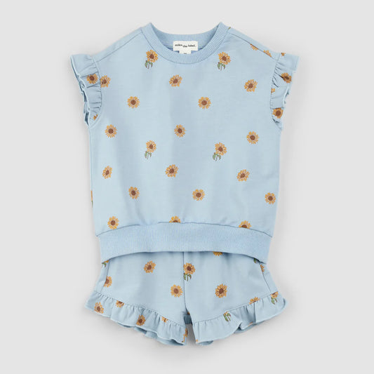 Sunflower Print on Celestial Blue Shorts Set