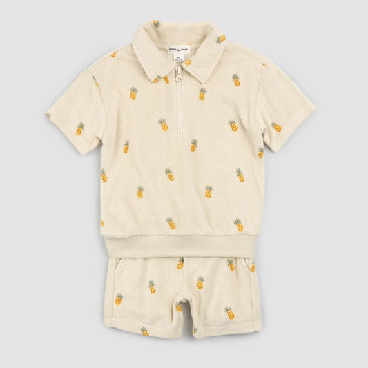 Pineapple Print Half-Zip Polo Shorts Terry Cloth Set