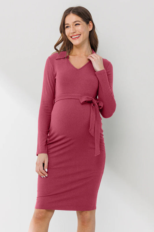 Collared V Neck Maternity Dress With Belt, pink