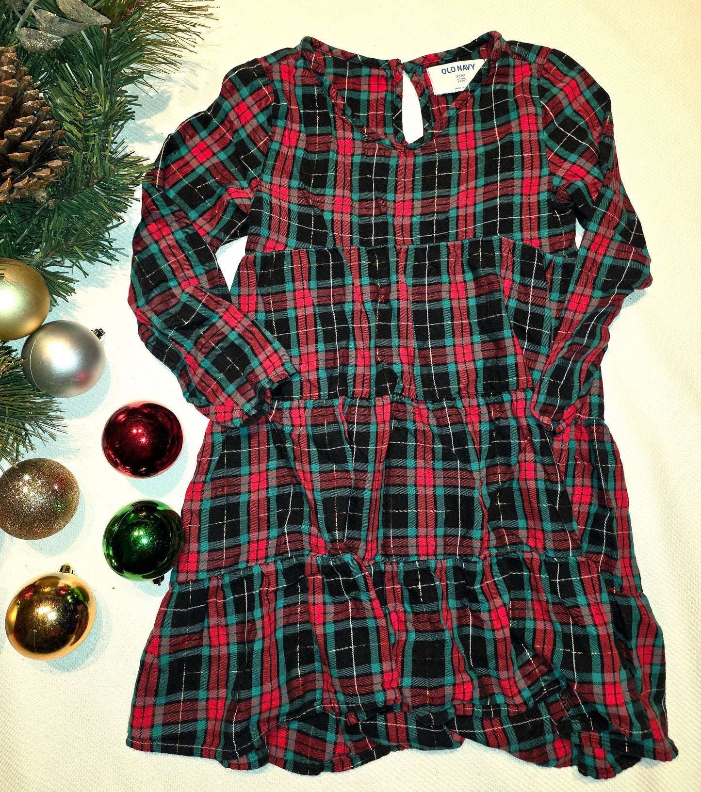 Green & Red Long-Sleeve Dress