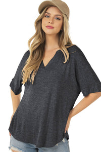 Short Sleeve V Neck Top with Banded Sleeves