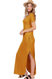 Short Sleeve Scoop Neck Maxi Dress - Mustard