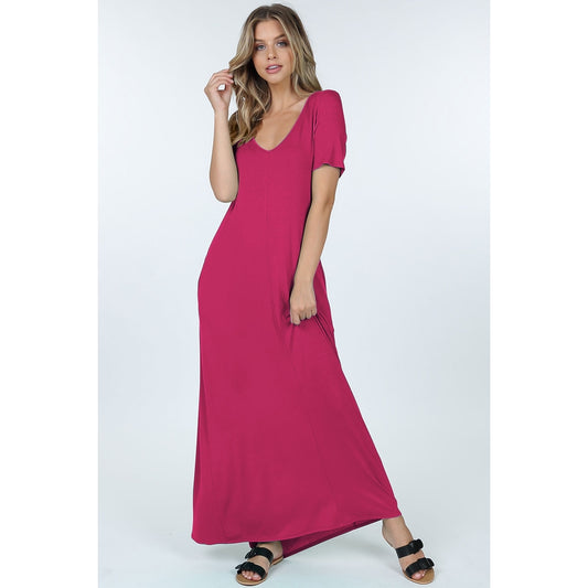 Short Sleeve V-Neck Maxi Dress-Fuchsia