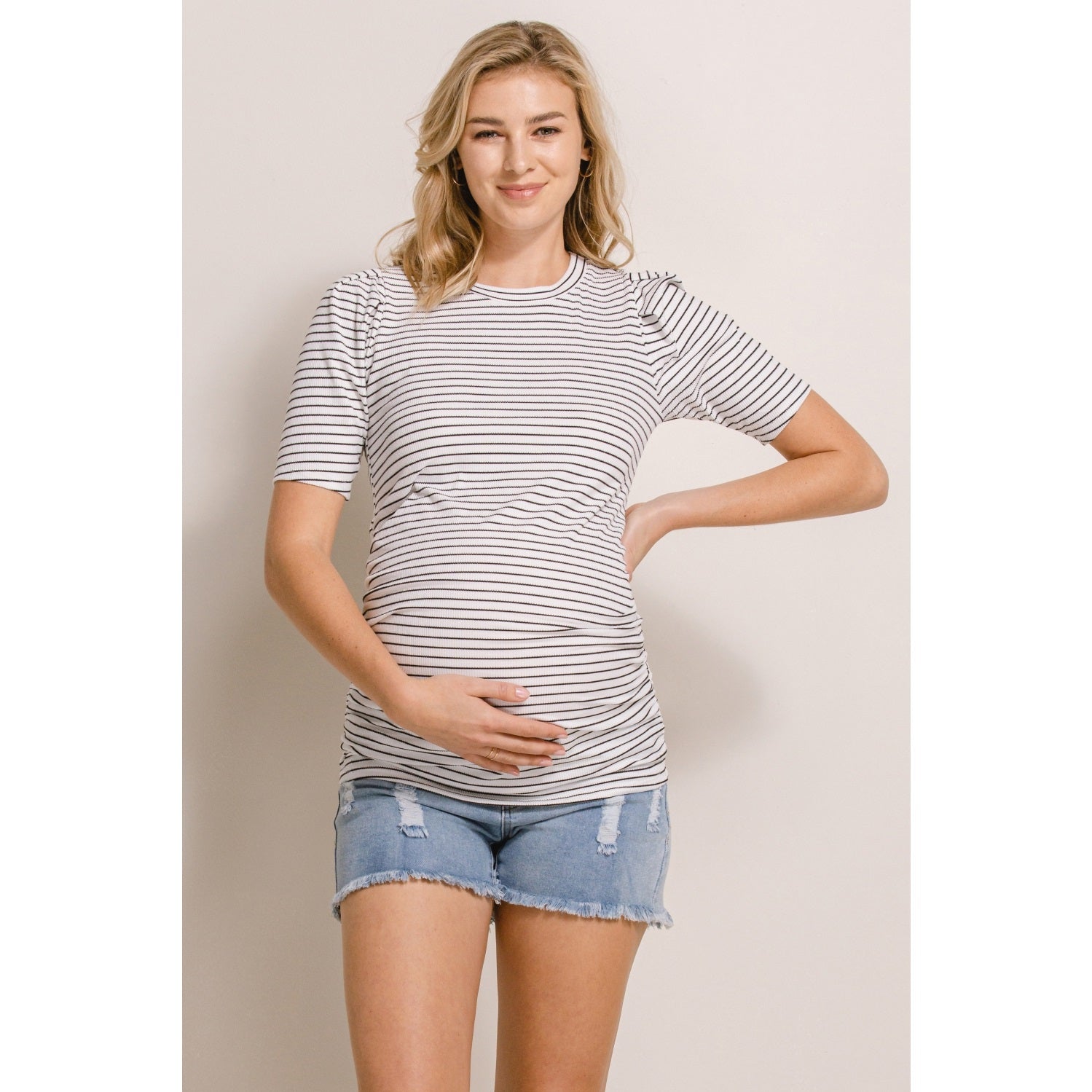 Stripe Puff Sleeve Ribbed Maternity Top